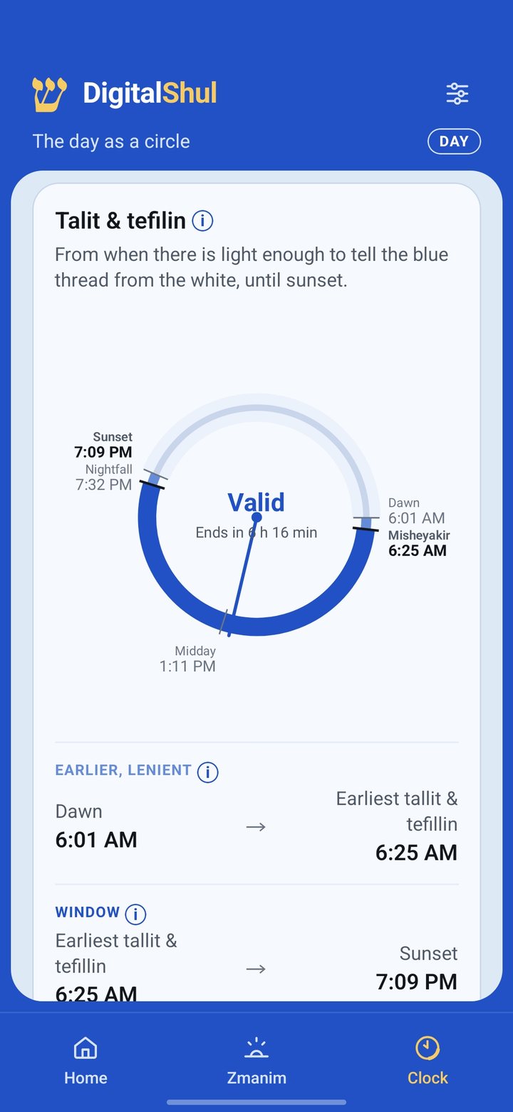 Clock screen showing the window for tallit and tefillin on a 24-hour circle, with the earlier lenient time and the window listed below