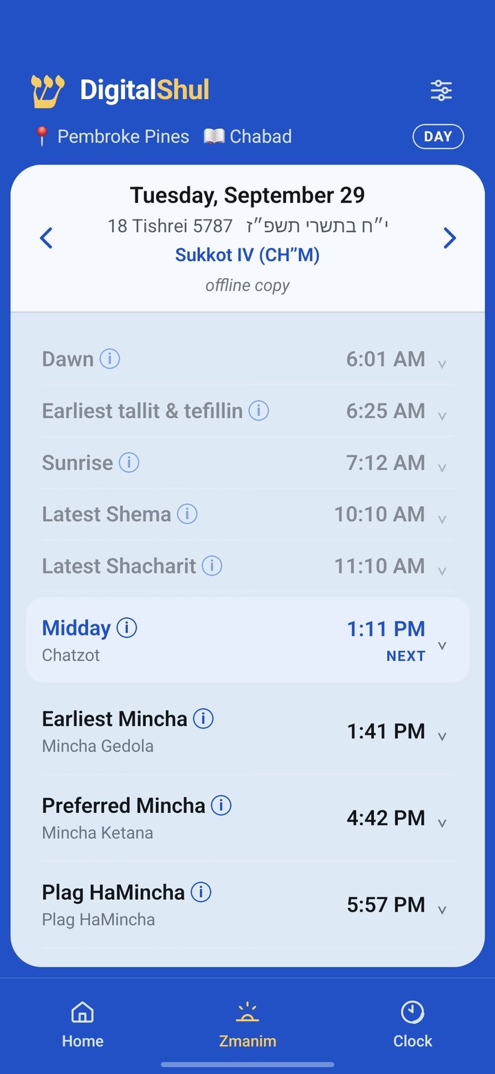 Zmanim screen listing dawn, earliest tallit and tefillin, sunrise, latest Shema, latest Shacharit, midday and the Mincha times