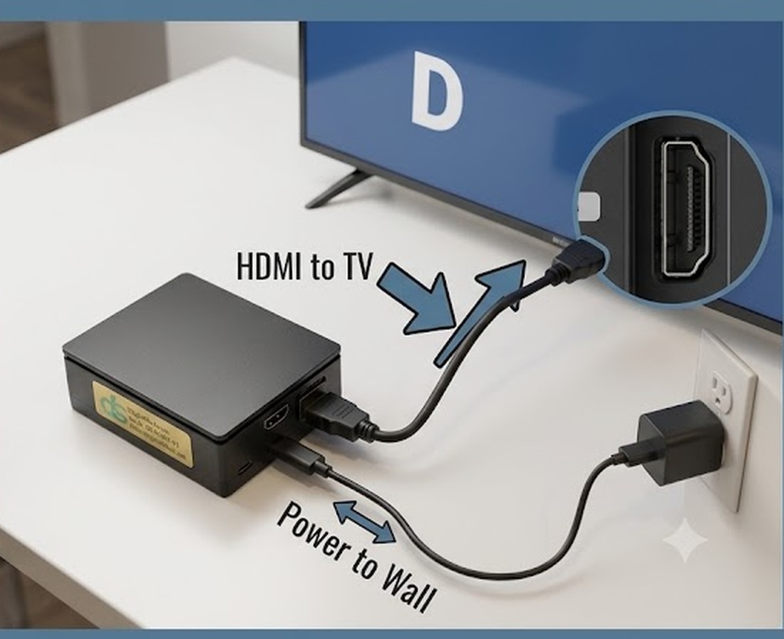 DigitalShul micro computer connected by HDMI to a synagogue TV and by power cable to a wall outlet