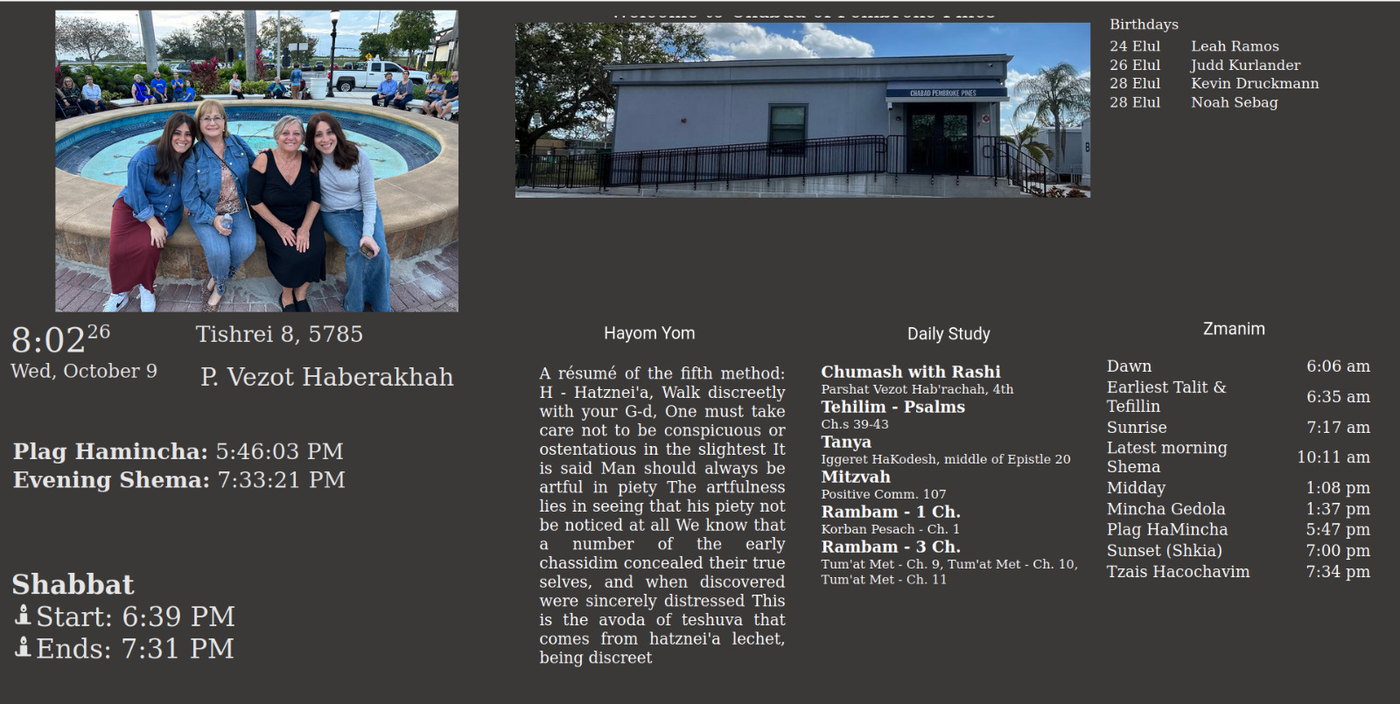 Synagogue display with a photo of the shul building in the header, birthdays, Hayom Yom and daily study