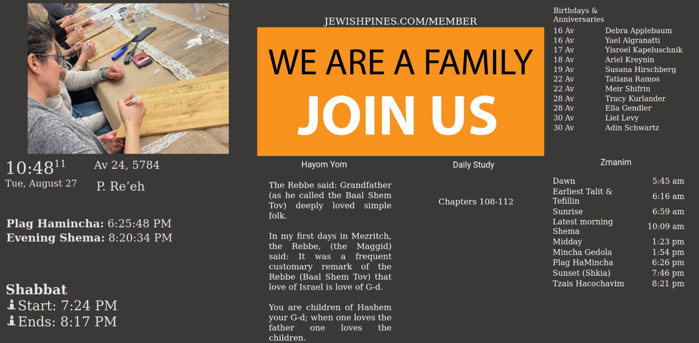 Synagogue display running a membership campaign banner alongside zmanim and birthdays