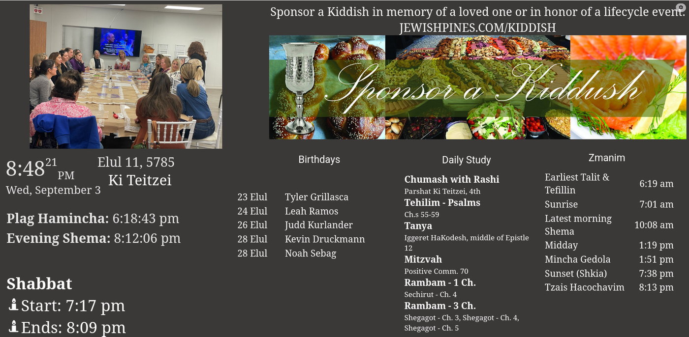 Synagogue display promoting a Kiddush sponsorship, with a community photo, birthdays and zmanim